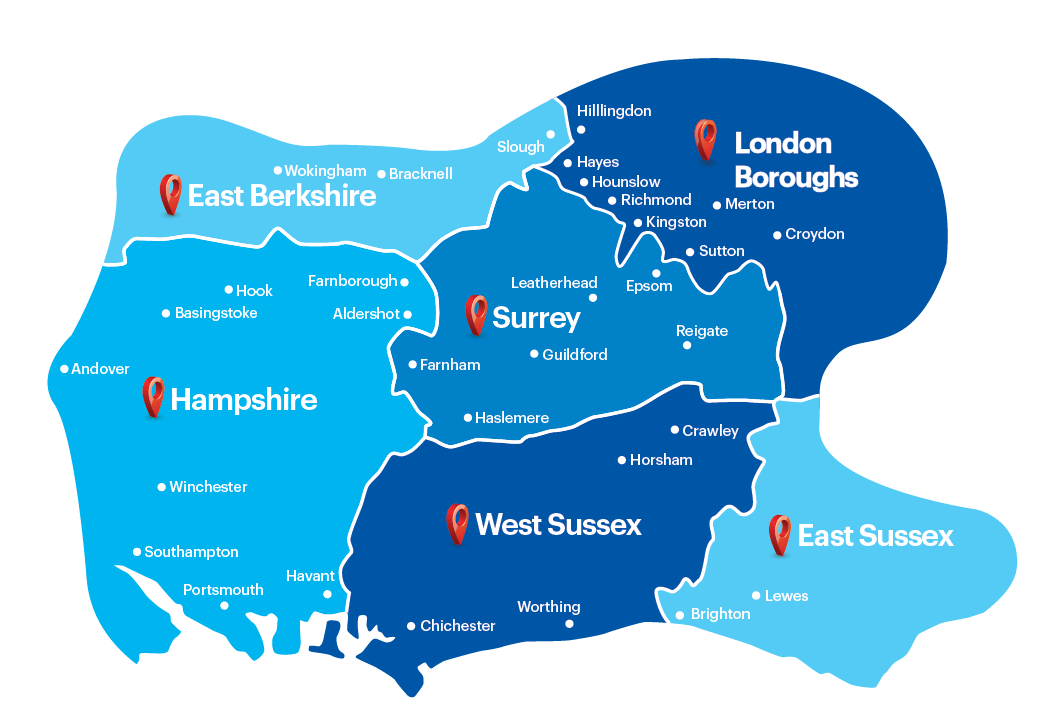 Map showing R Ayres Amusements service area across Surrey, Hampshire and London Boroughs